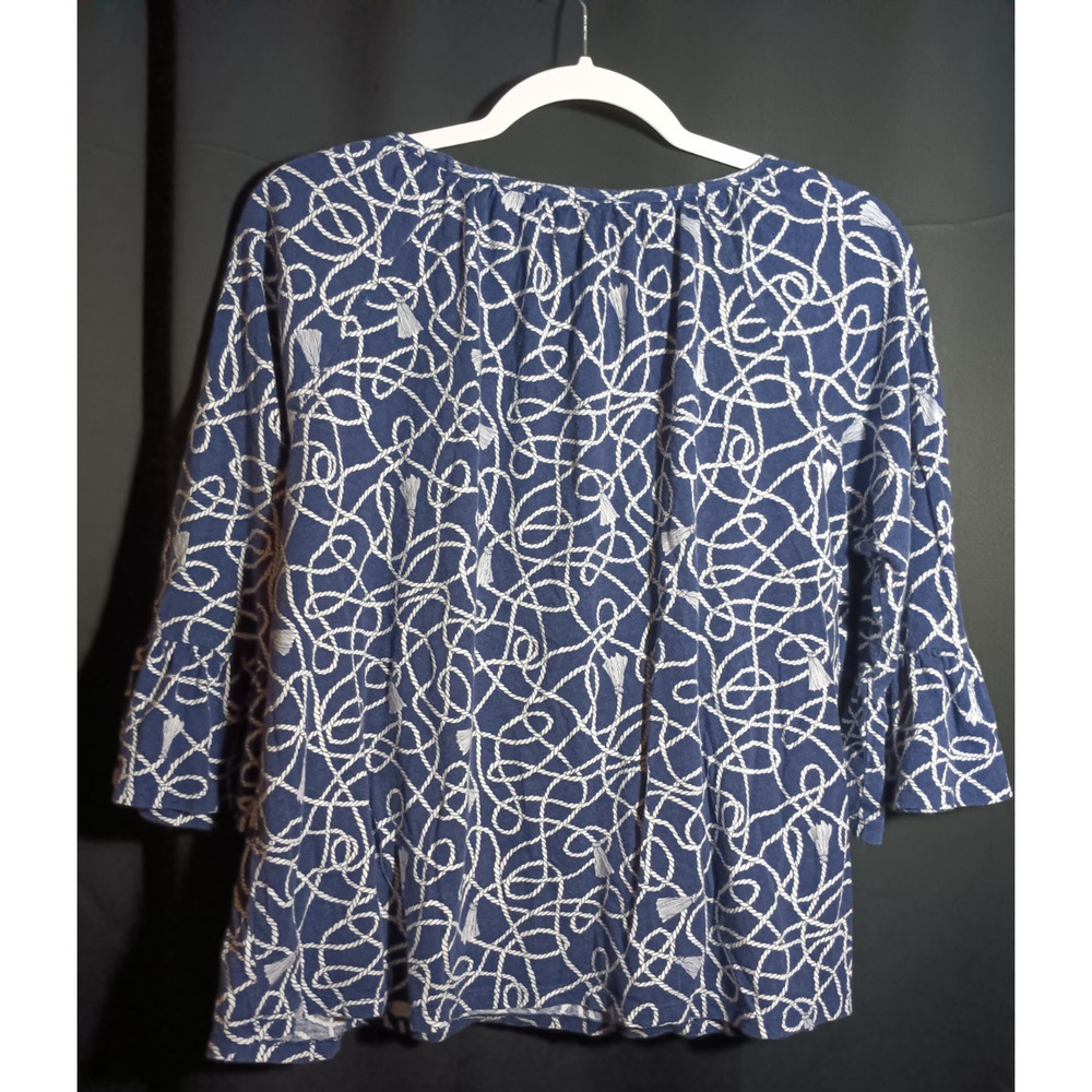Michael Kors Blue Cotton Top Large Rope Tassel Graphic Flowy Nautical Shirt Bell - Picture 6 of 7